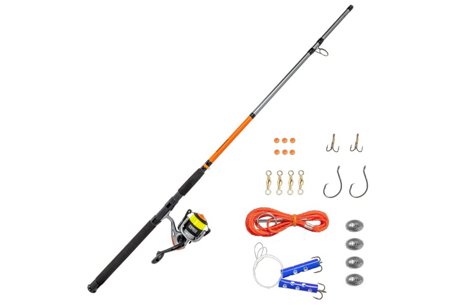 Zebco Ready Tackle Catfish 60SZ 8 Foot 2 Piece Medium Heavy Spinning Combo with Eagle Claw Tackle